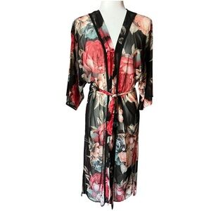 MONTEAU Size Small Black Red Floral Roses Sheer Kimono Boho Robe